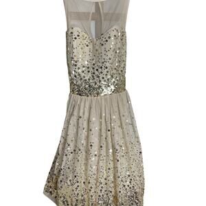 Women's Deb Gold Sequin Sheer Lined Dress w/ Elegant Tie Back Belt - Size Small